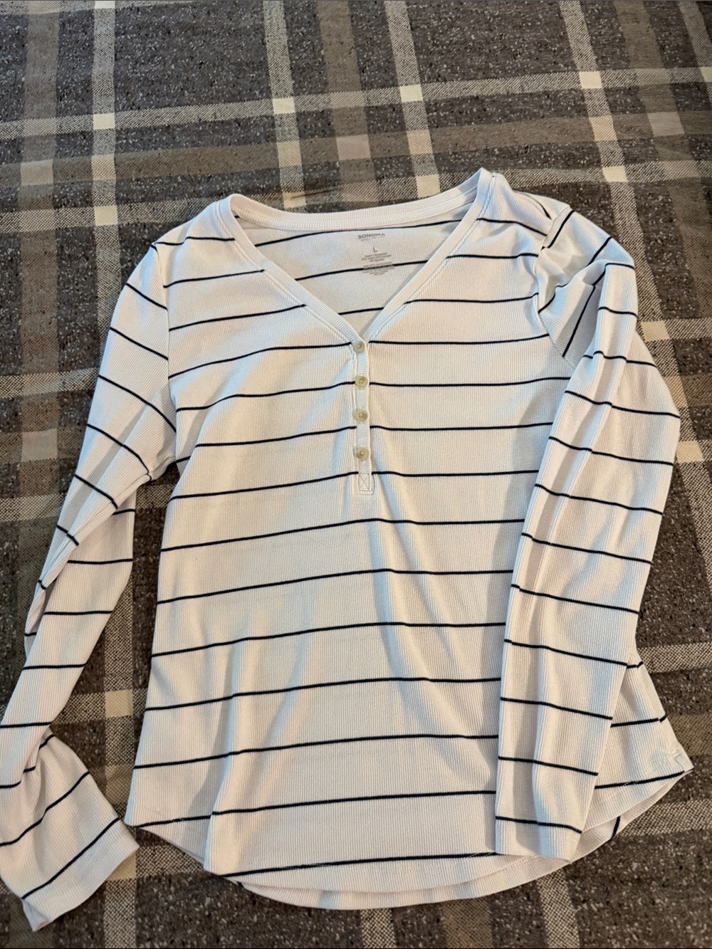 Sonoma White Long-Sleeve Henley with Navy Stripes